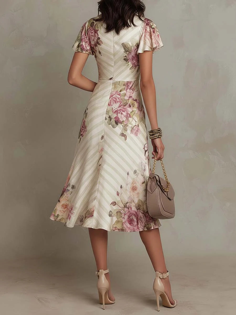 | Vestido midi de satén con estampado floral, elegante y de estilo retro