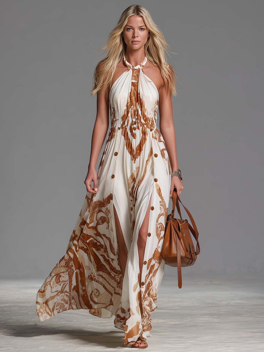 Beatrice | Vestido largo vintage de estilo bohemio con cuello halter, estampado western marrón sobre gasa marfil, con aberturas