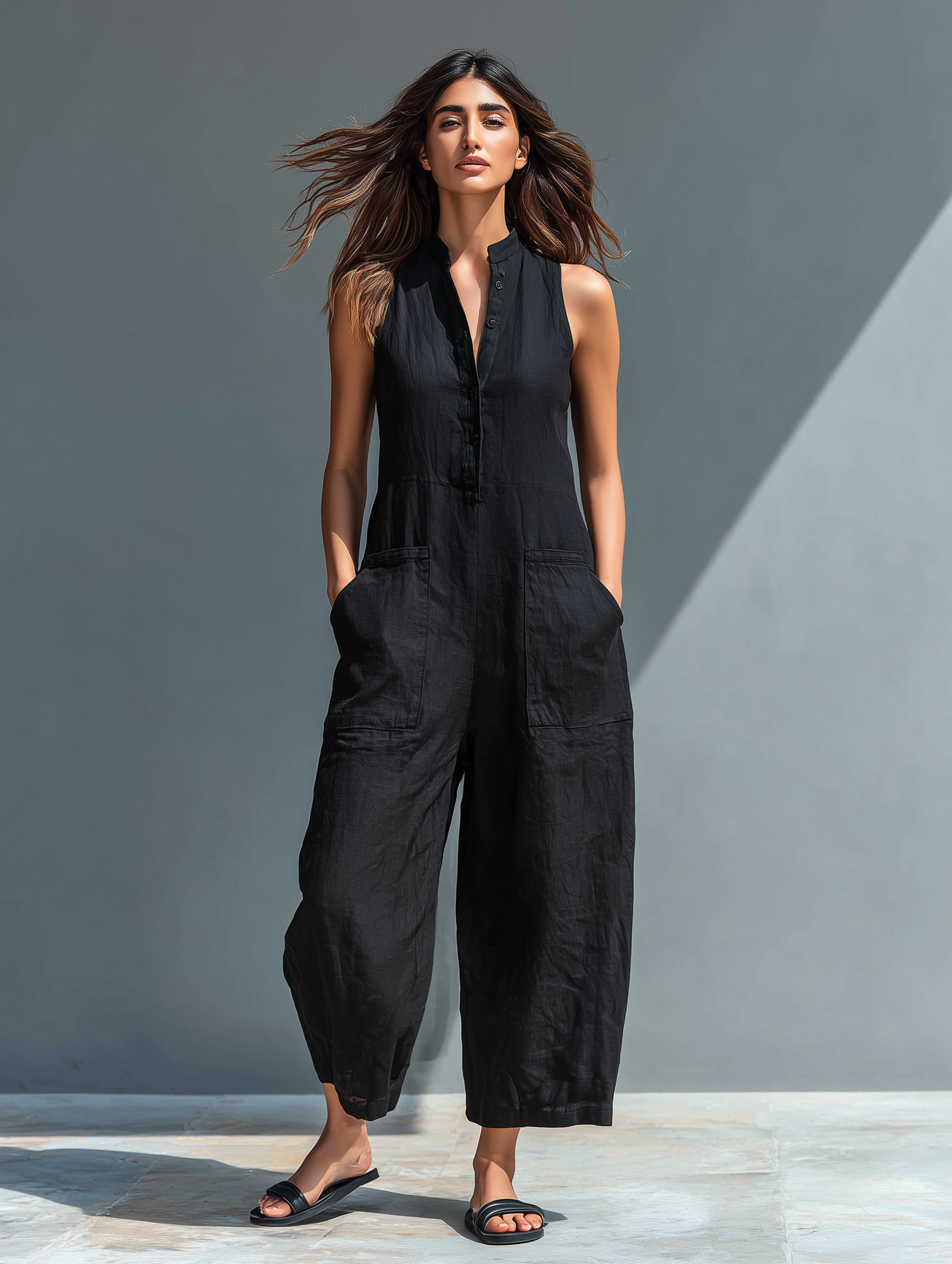 | Top minimalista de lino para mujer, sin mangas, con cuello alto y botones