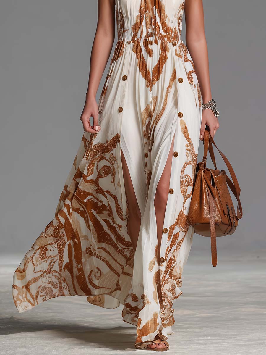 Beatrice | Vestido largo vintage de estilo bohemio con cuello halter, estampado western marrón sobre gasa marfil, con aberturas
