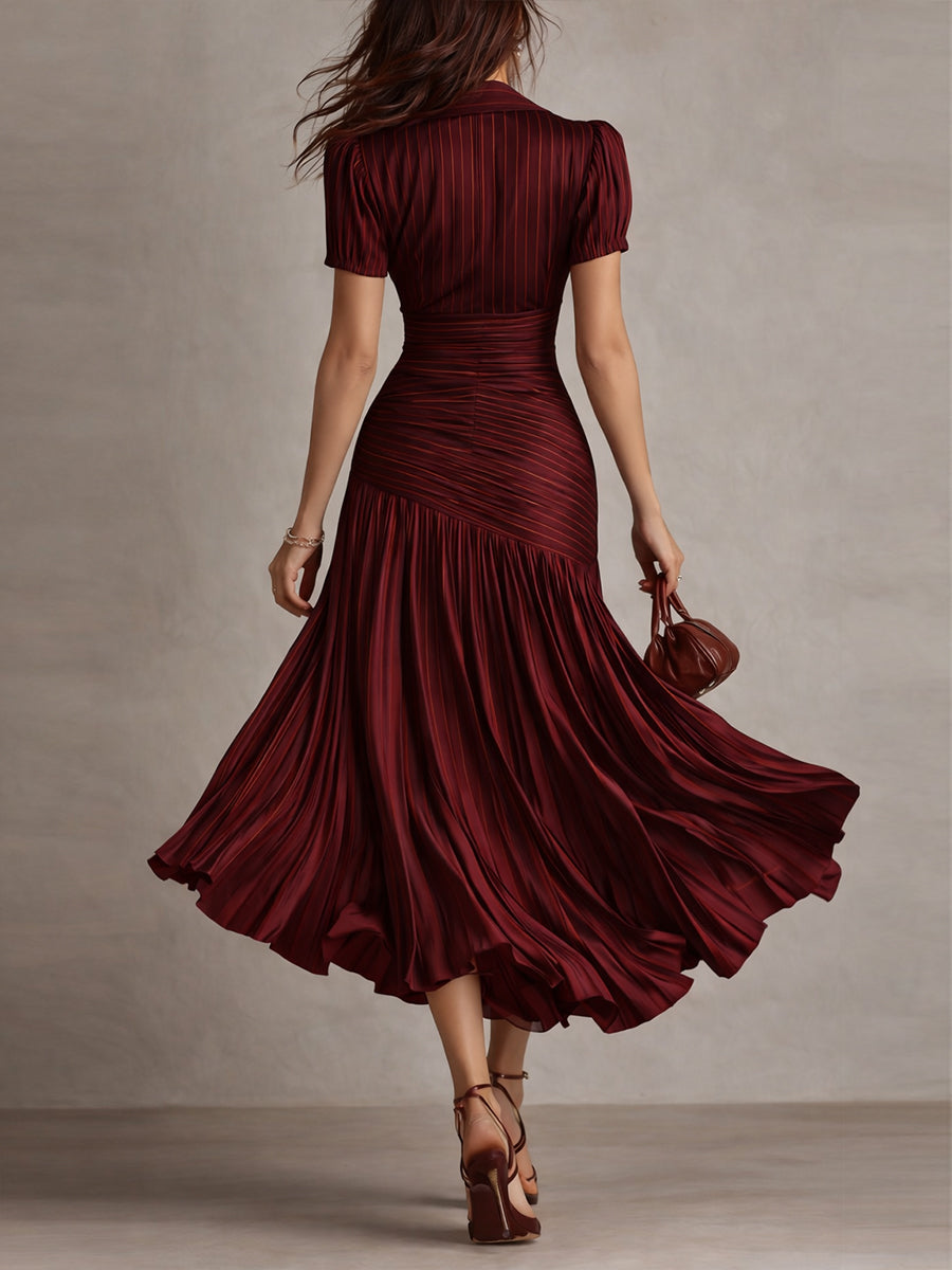 ∙ Vestido midi satinado con rayas retro