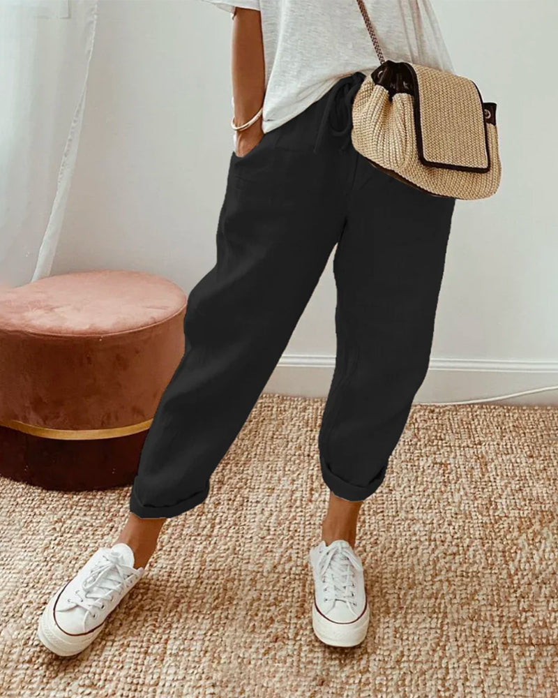 Pantalones holgados de mezcla de algodón y lino
