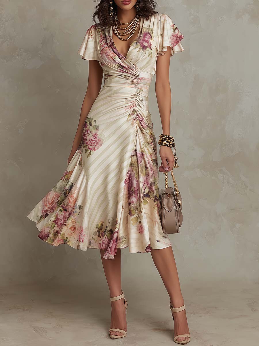 | Vestido midi de satén con estampado floral, elegante y de estilo retro