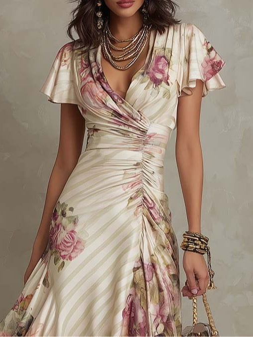 | Vestido midi de satén con estampado floral, elegante y de estilo retro
