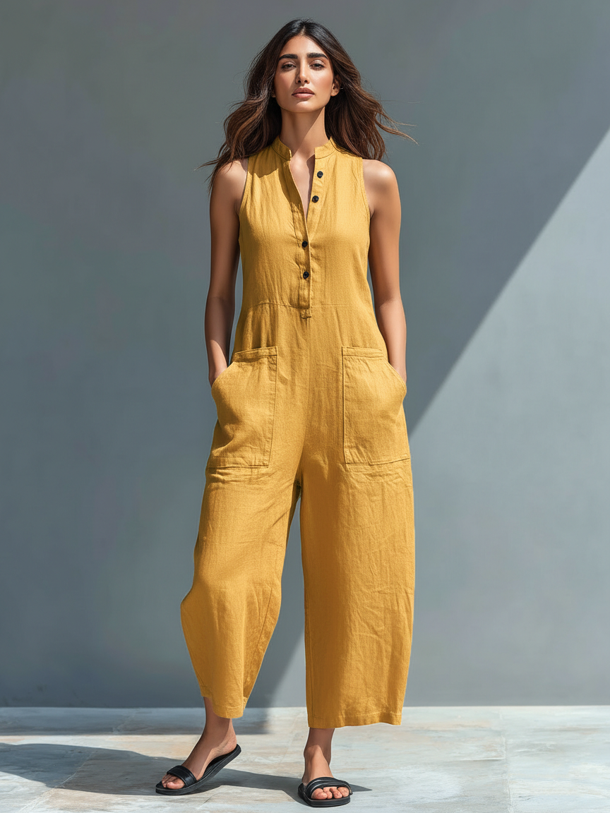 Mono minimalista de lino para mujer, sin mangas, con cuello alto y botones