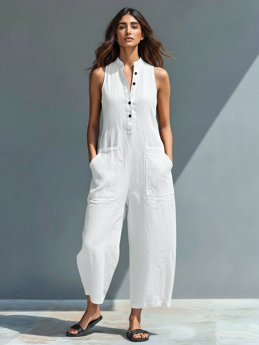 Mono minimalista de lino para mujer, sin mangas, con cuello alto y botones