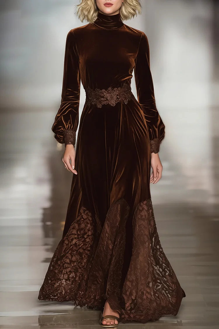 Federica | Vestido largo de terciopelo con cuello alto y mangas abullonadas de encaje