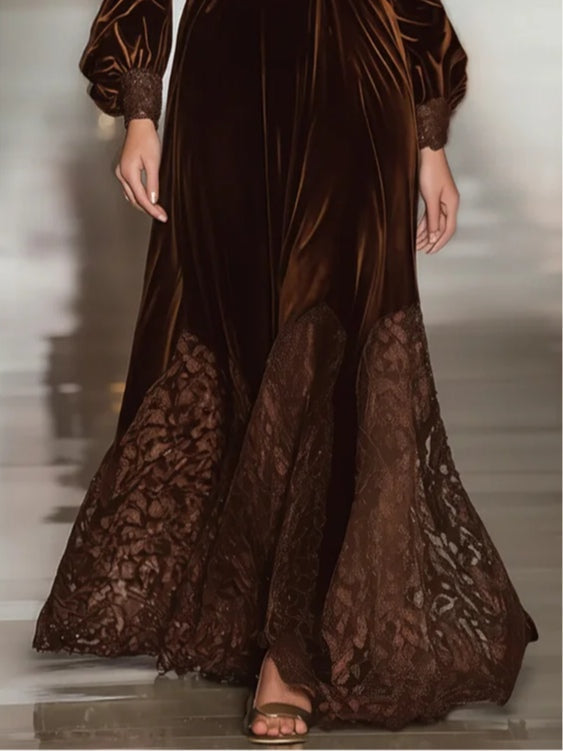 Federica | Vestido largo de terciopelo con cuello alto y mangas abullonadas de encaje
