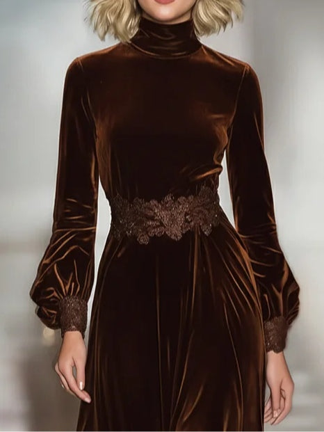 Federica | Vestido largo de terciopelo con cuello alto y mangas abullonadas de encaje