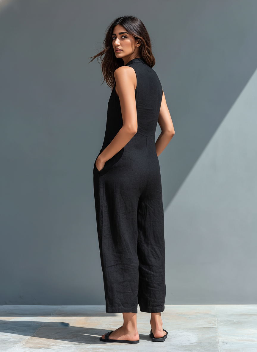 Mono minimalista de lino para mujer, sin mangas, con cuello alto y botones