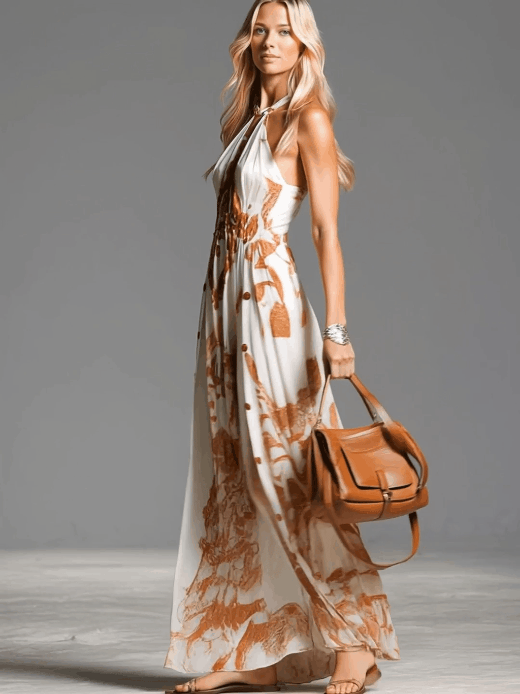 Beatrice | Vestido largo vintage de estilo bohemio con cuello halter, estampado western marrón sobre gasa marfil, con aberturas