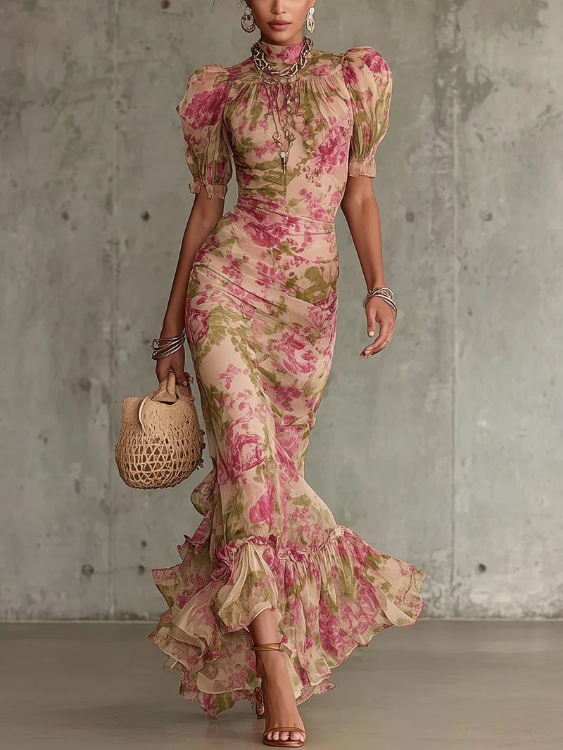 | Vestido largo con estampado vintage de rosas y mangas abullonadas