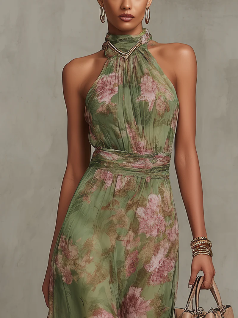| Vestido largo verde con estampado floral de gasa y cuello halter