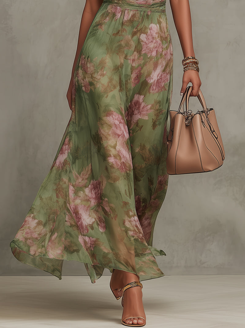 | Vestido largo verde con estampado floral de gasa y cuello halter