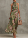 | Vestido largo verde con estampado floral de gasa y cuello halter