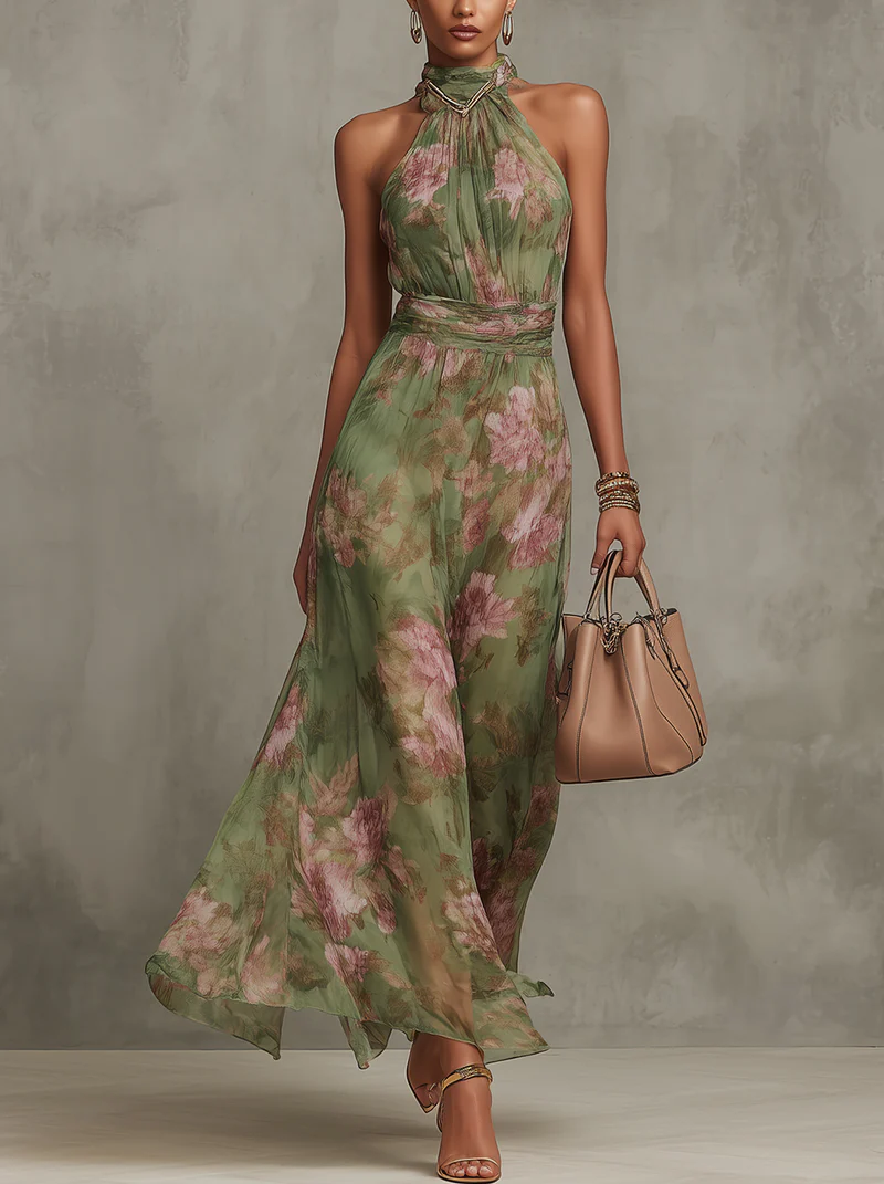 | Vestido largo verde con estampado floral de gasa y cuello halter