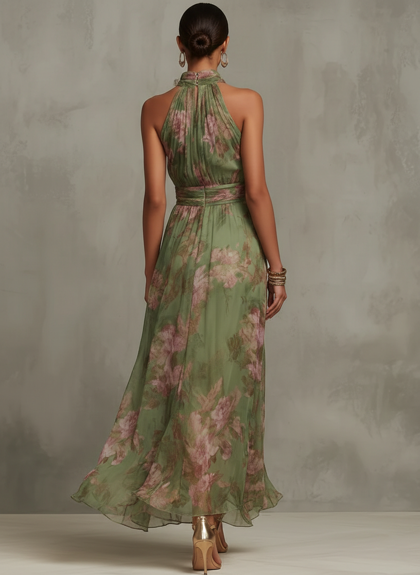 | Vestido largo verde con estampado floral de gasa y cuello halter
