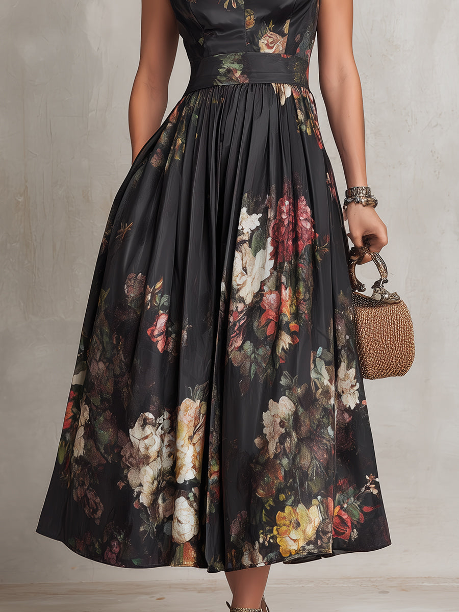 | Vestido midi negro de satén plisado con estampado floral y cuello con abertura en forma de llave