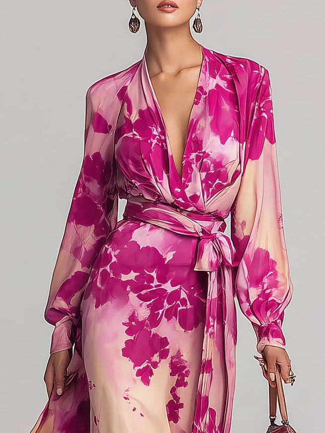 | Vestido largo floral en tonos rojo y rosa con escote en V y cinturón