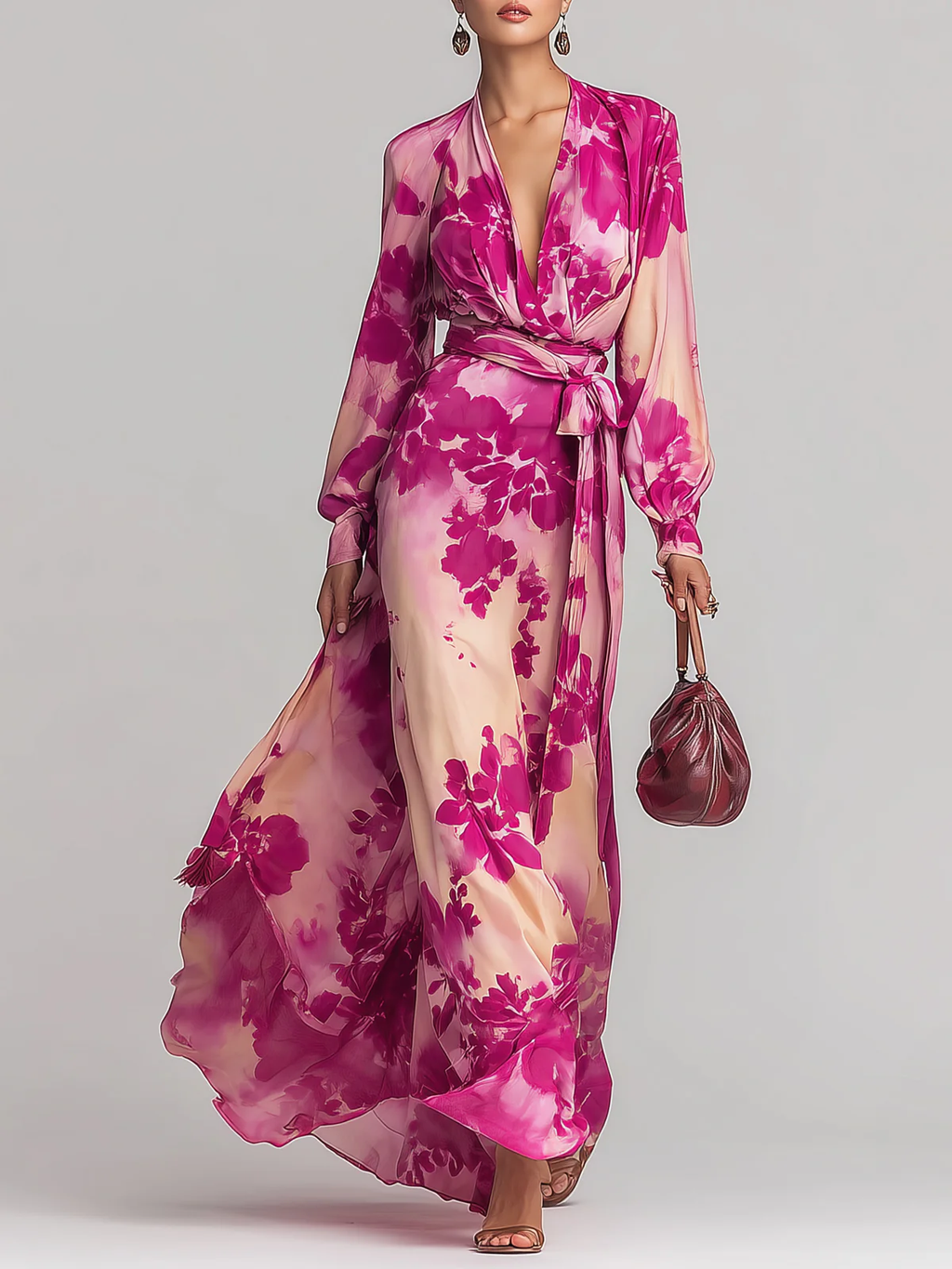 | Vestido largo floral en tonos rojo y rosa con escote en V y cinturón