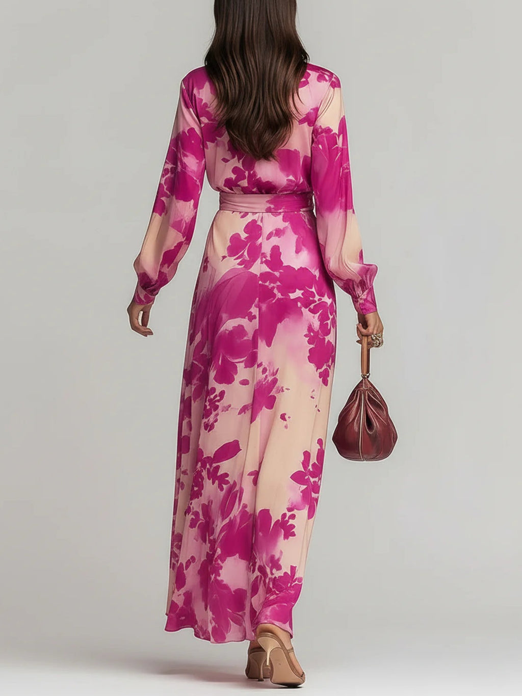 | Vestido largo floral en tonos rojo y rosa con escote en V y cinturón