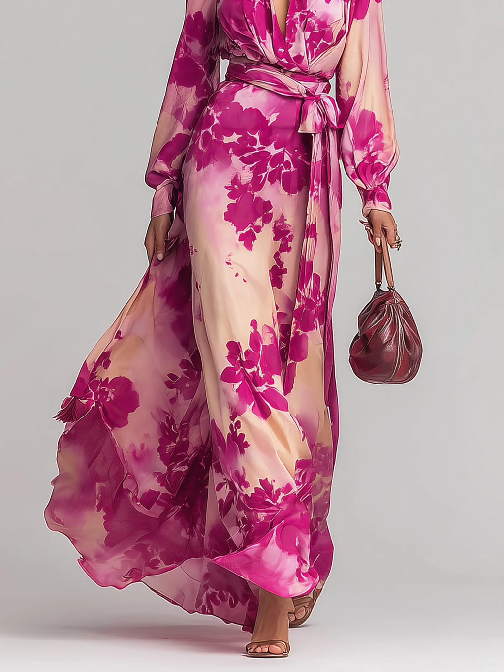 | Vestido largo floral en tonos rojo y rosa con escote en V y cinturón