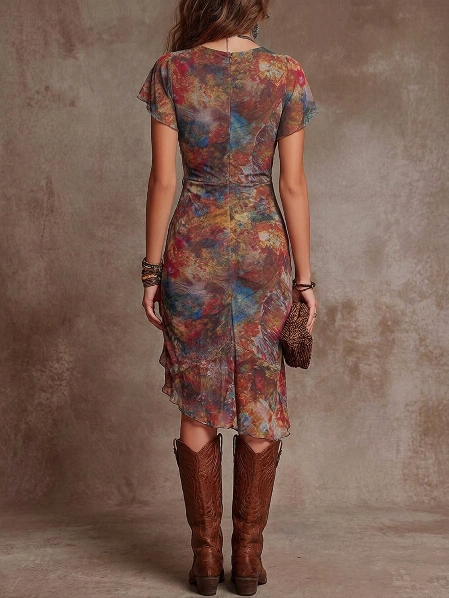 | Vestido midi plisado con escote en V y estampado artístico abstracto de estilo bohemio