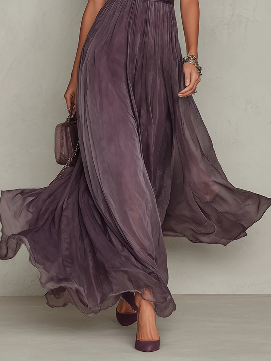 Flavia | Vestido largo morado con escote en V y ribete de encaje de gasa