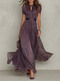 Flavia | Vestido largo morado con escote en V y ribete de encaje de gasa