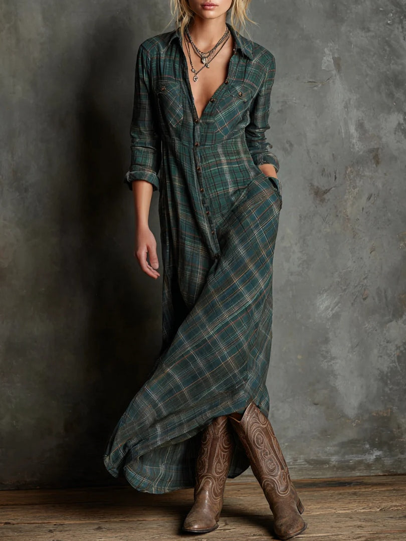 Vestido largo con cuello de camisa y estampado de cuadros verdes