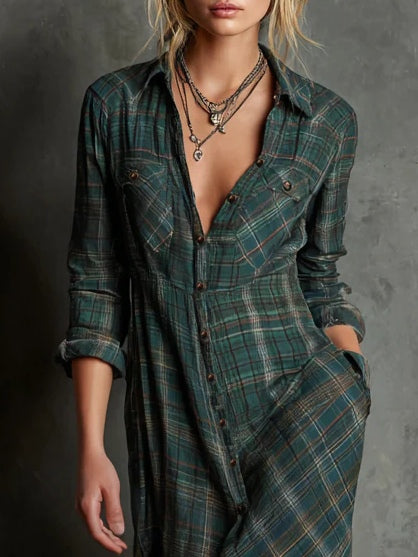 | Vestido largo con cuello de camisa y estampado de cuadros verdes
