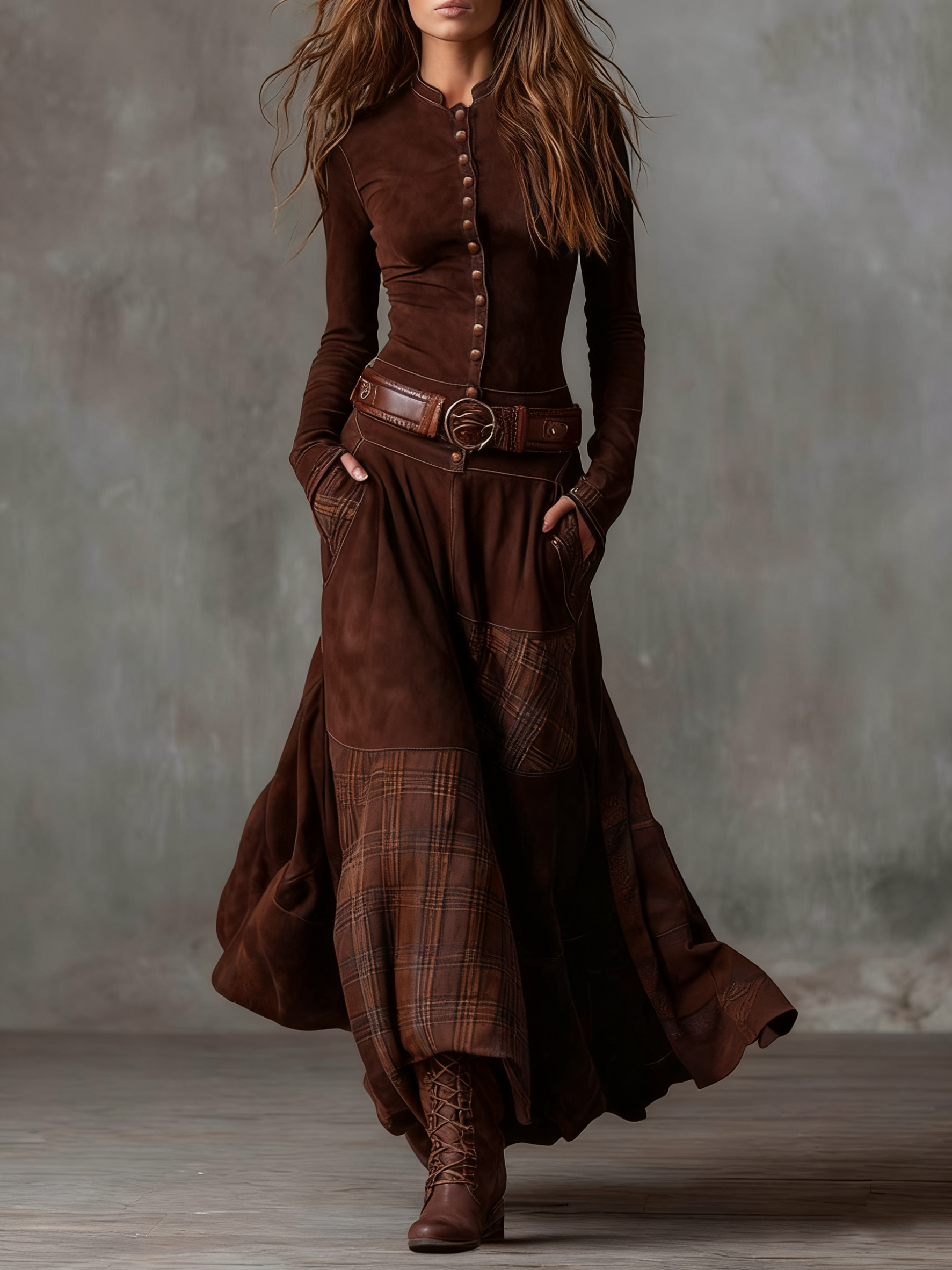 Vestido largo vintage de ante a cuadros azul marino