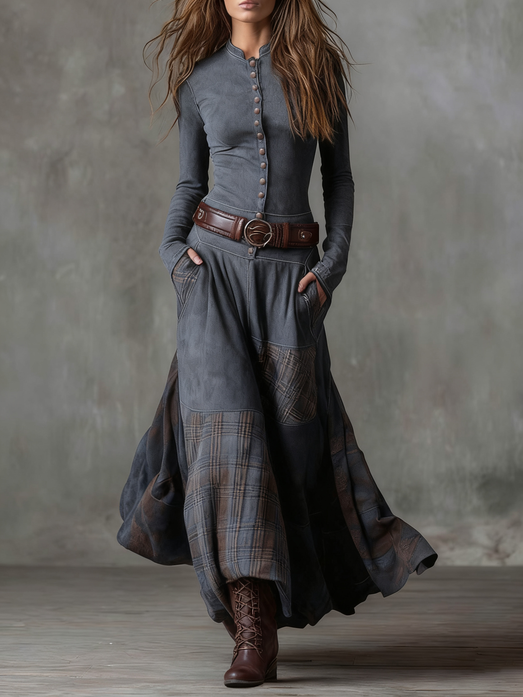 Vestido largo vintage de ante a cuadros azul marino