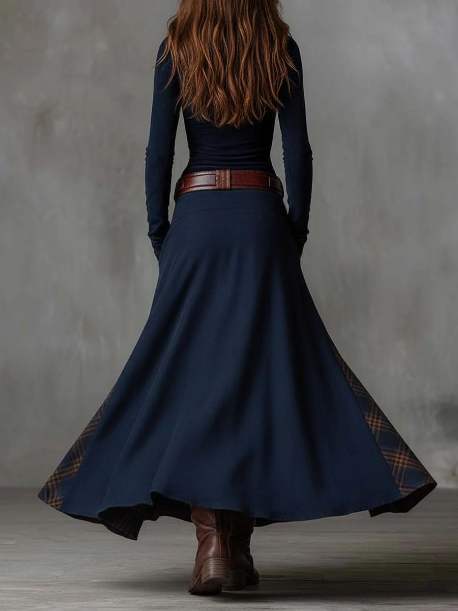 Vestido largo vintage de ante a cuadros azul marino