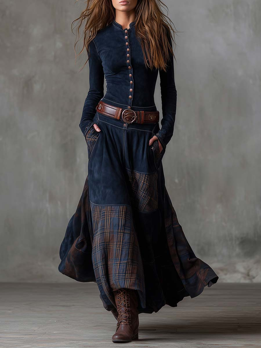 Vestido largo vintage de ante a cuadros azul marino
