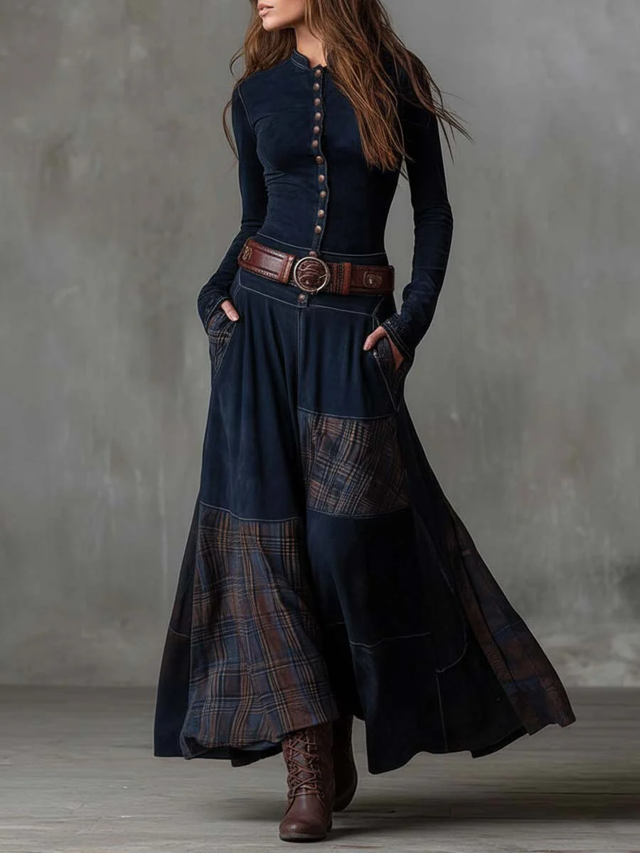 Vestido largo vintage de ante a cuadros azul marino