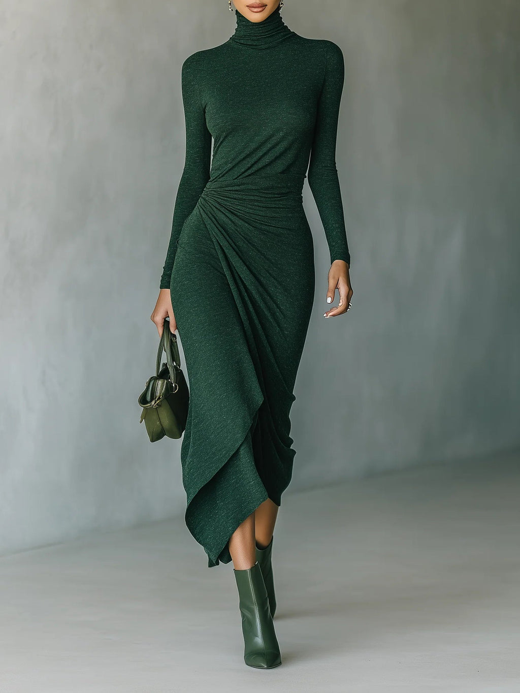 | Vestido midi envolvente asimétrico con pliegues y cuello alto en verde oscuro