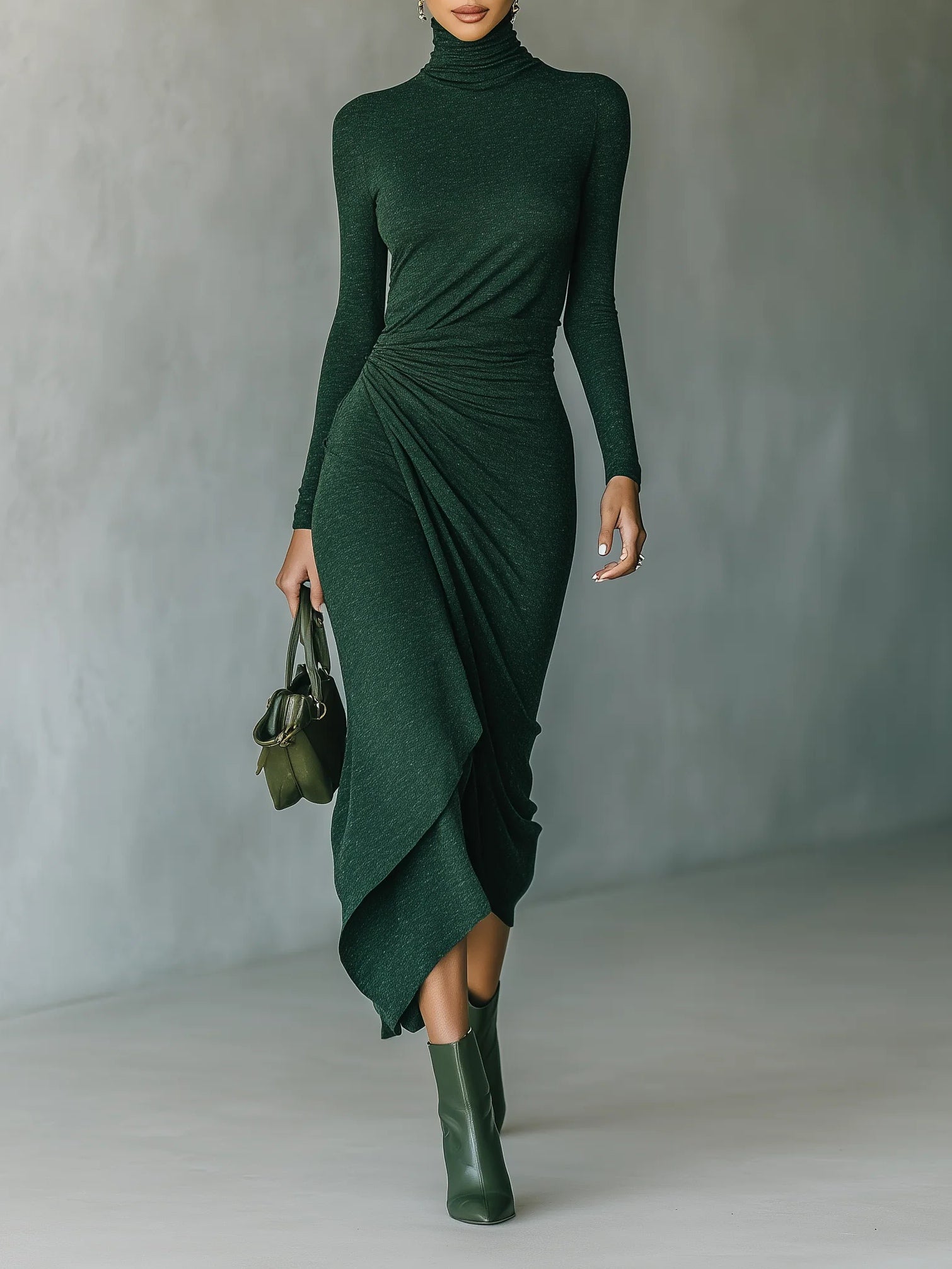 | Vestido midi envolvente asimétrico con pliegues y cuello alto en verde oscuro