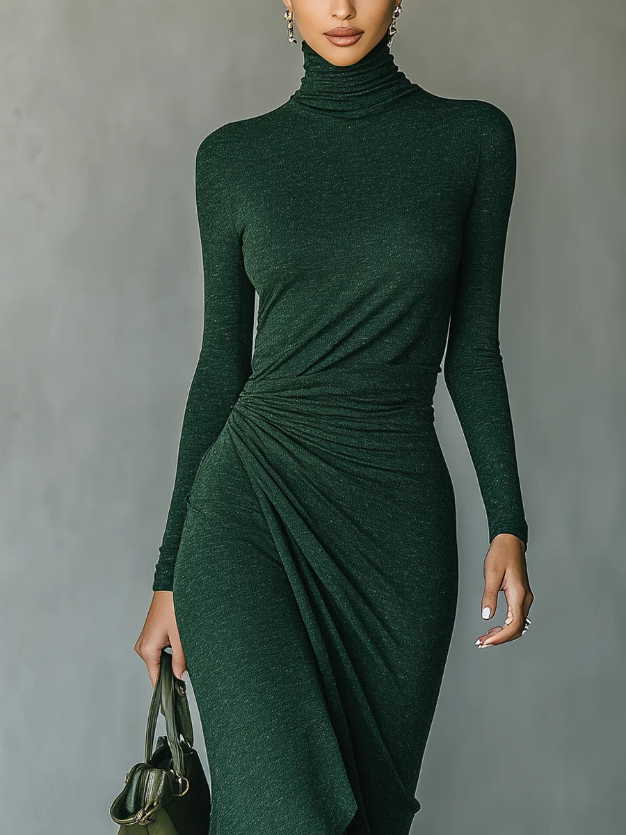 | Vestido midi envolvente asimétrico con pliegues y cuello alto en verde oscuro