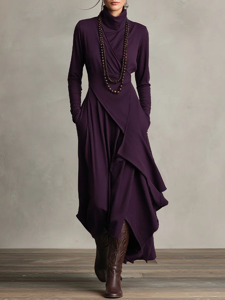 | Vestido largo plisado asimétrico con cuello alto
