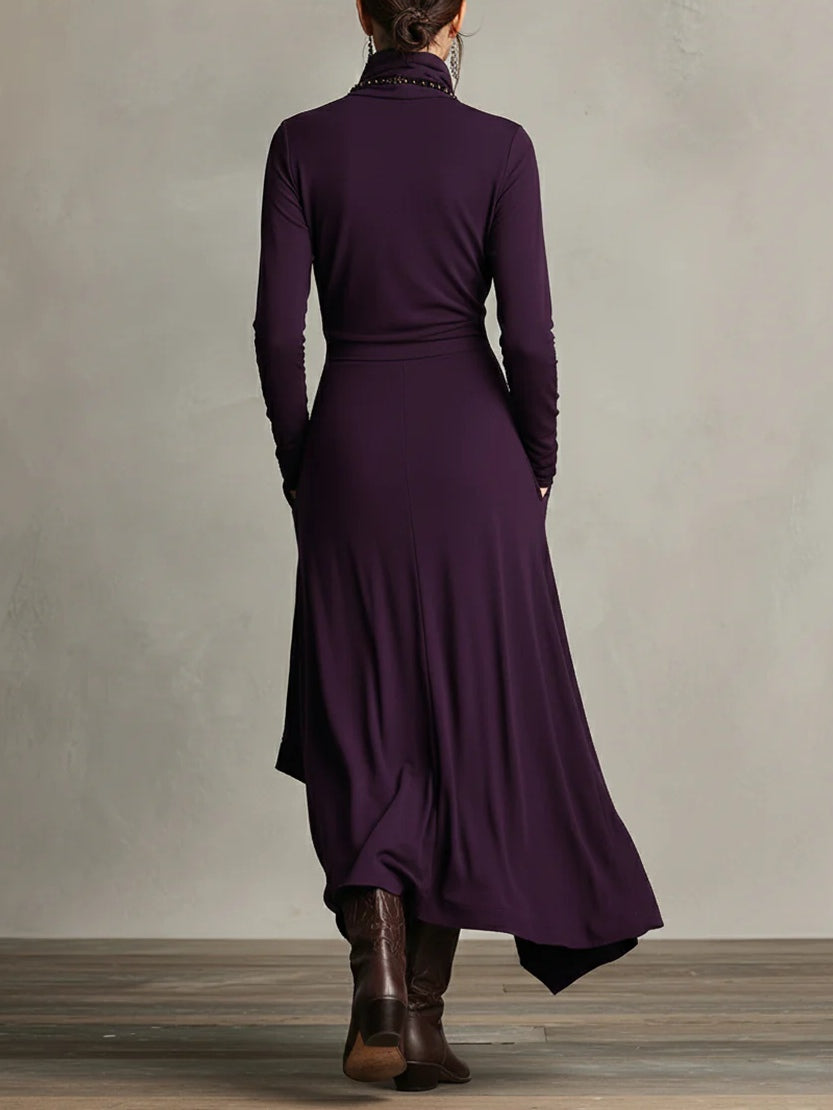 | Vestido largo plisado asimétrico con cuello alto