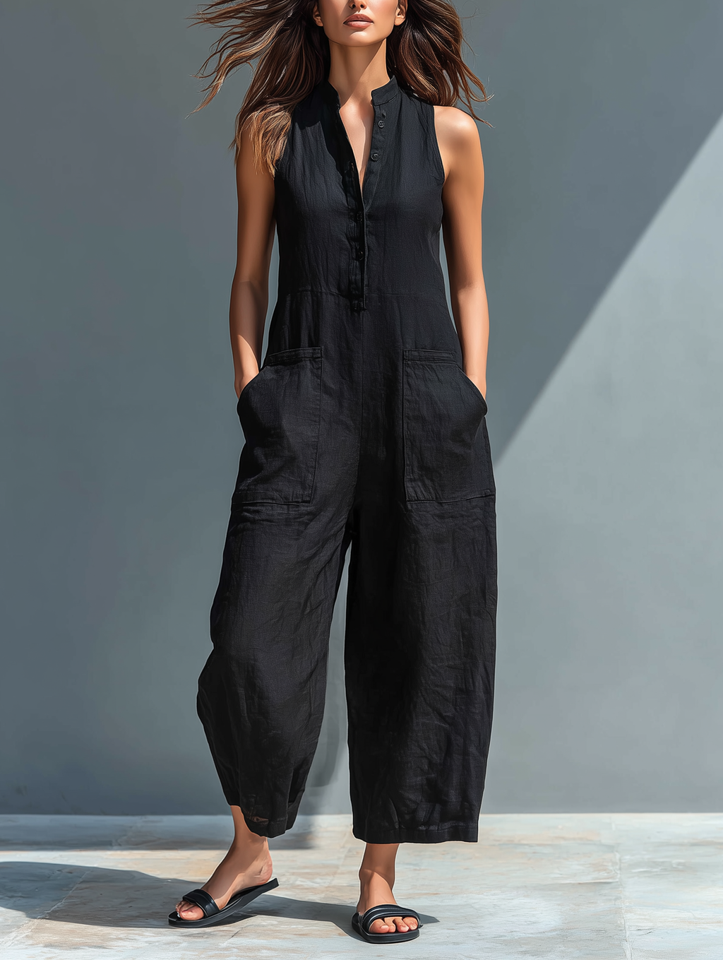 Mono minimalista de lino para mujer, sin mangas, con cuello alto y botones