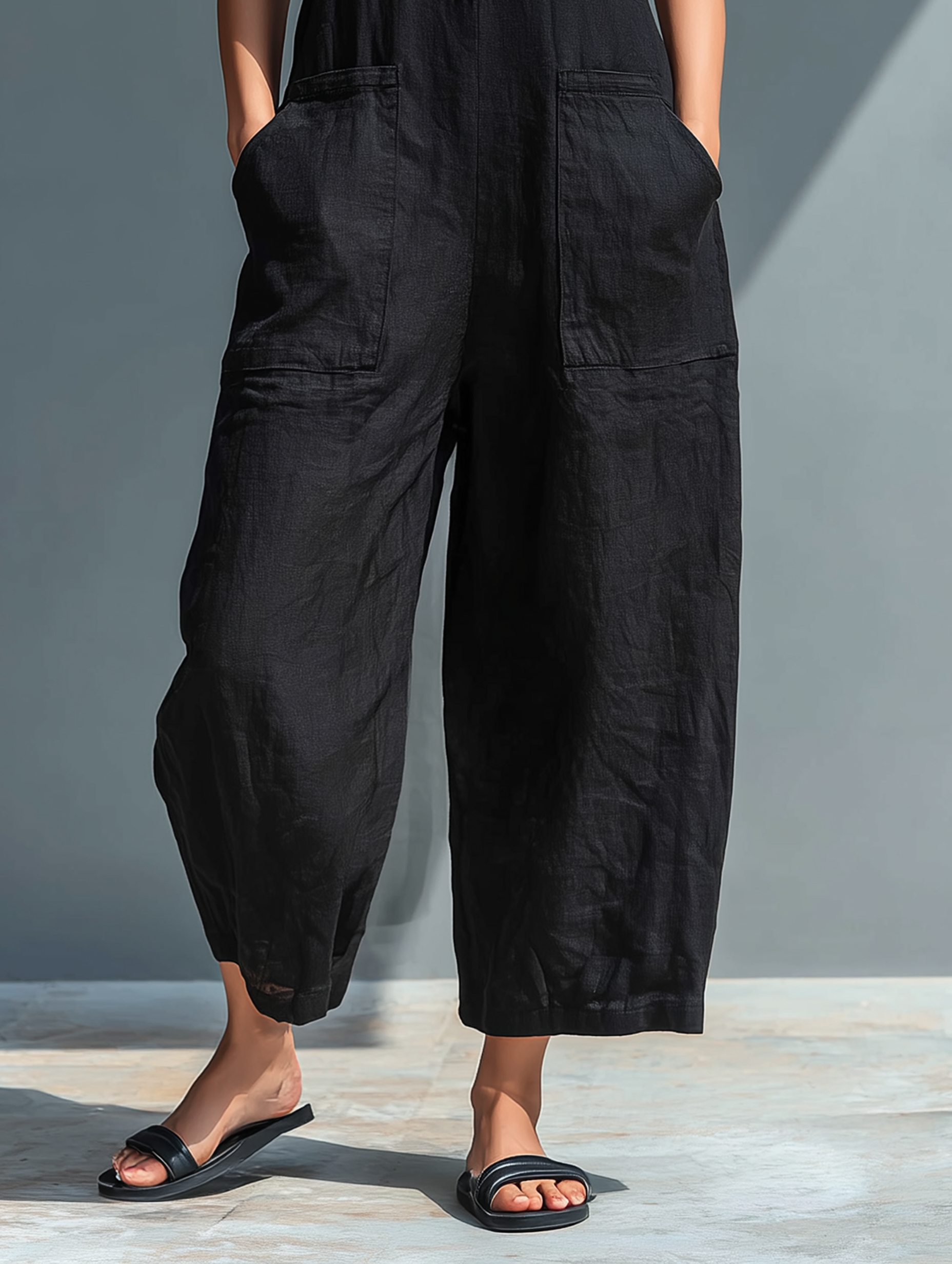 Mono minimalista de lino para mujer, sin mangas, con cuello alto y botones