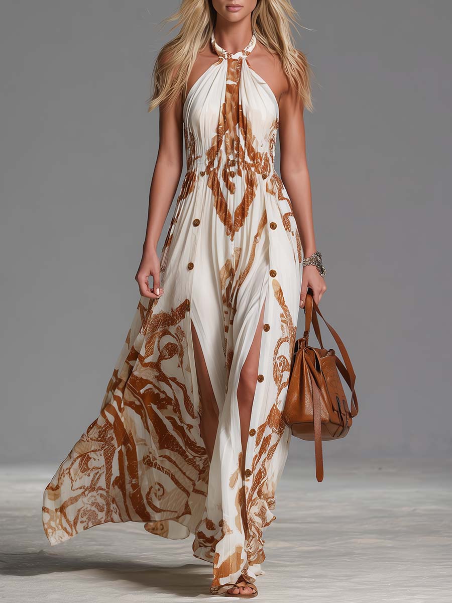 Beatrice | Vestido largo vintage de estilo bohemio con cuello halter, estampado western marrón sobre gasa marfil, con aberturas