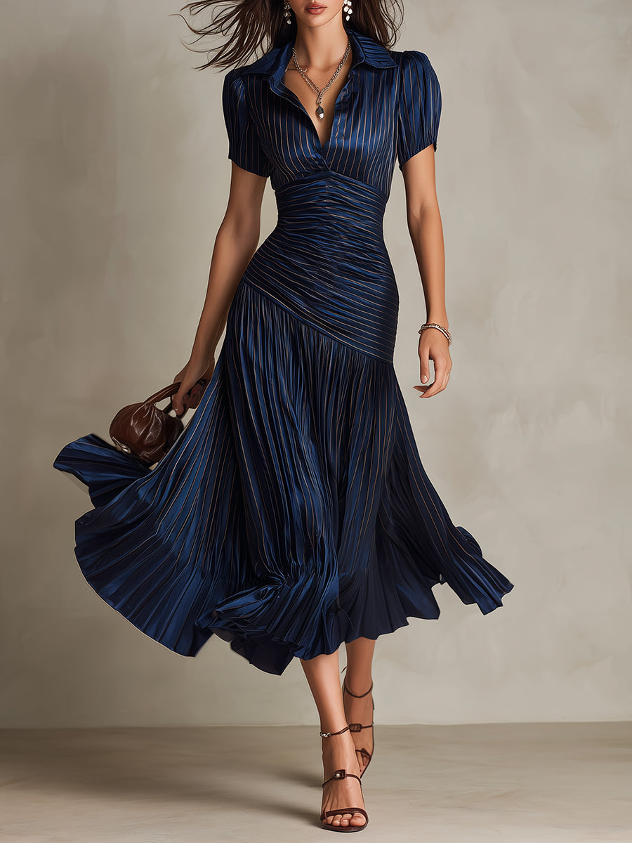 ∙ Vestido midi satinado con rayas retro