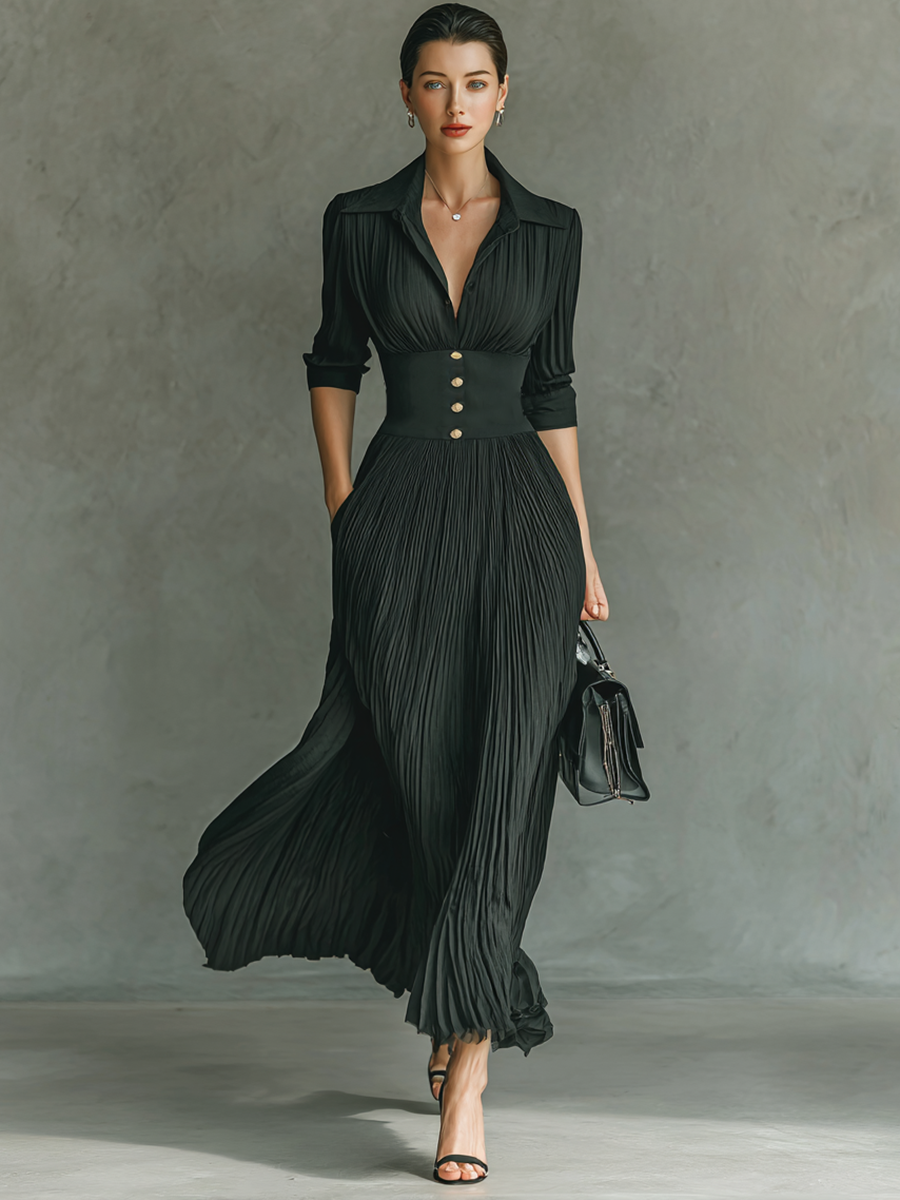 Elegante vestido plisado con cintura estructurada