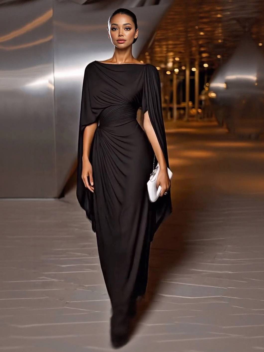 Elegante vestido largo con mangas capucha drapeadas