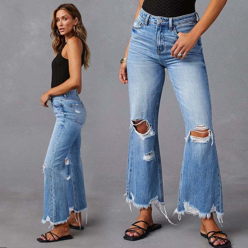 Jeans de mujer de tiro alto, con roturas y pernera acampanada