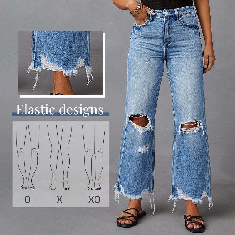 Jeans de mujer de tiro alto, con roturas y pernera acampanada