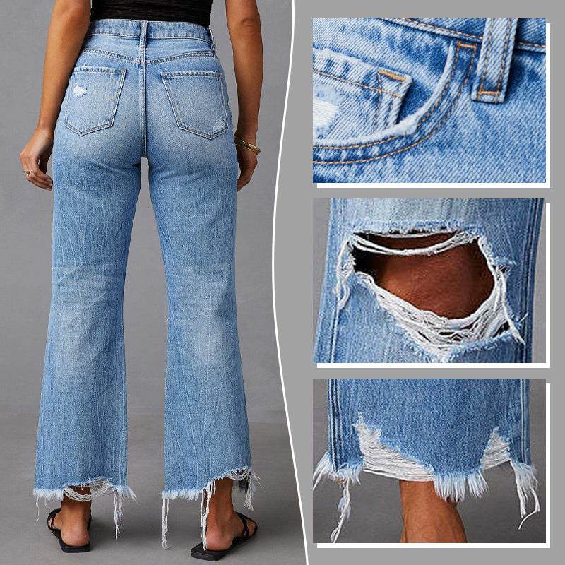 Jeans de mujer de tiro alto, con roturas y pernera acampanada